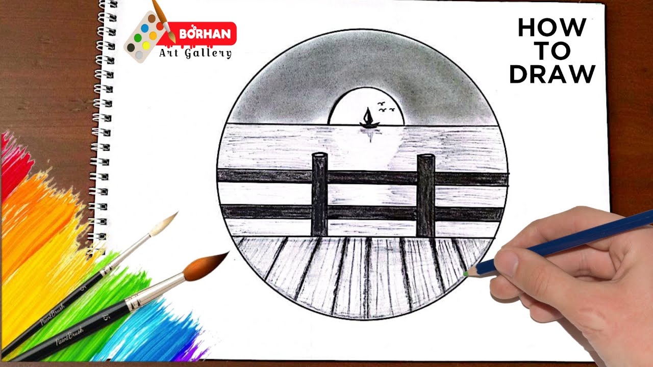 Easy sunset scenery drawing in Circle | pencil drawing in circle step ...
