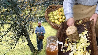 Homemade cider. Traditional crushing and pressing of apples without modern machinery