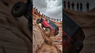A Red 4X4 Jeep Takes On A Near-Vertical Sandstone Climb In The Mudwheels Spinning, Mud Flying, And
