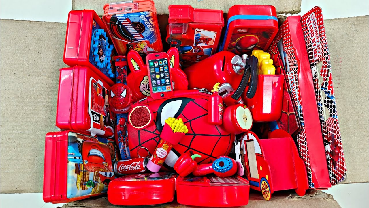 Fancy Red Stationery items & ultimate toy collection, coin bank, pencil box, school stationery, bag