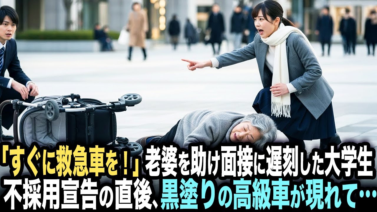 事故で倒れた老婆を助けて面接に遅刻した大学生。面接官に不採用を告げられ絶望する彼女の元に黒塗りの高級車が現れて…