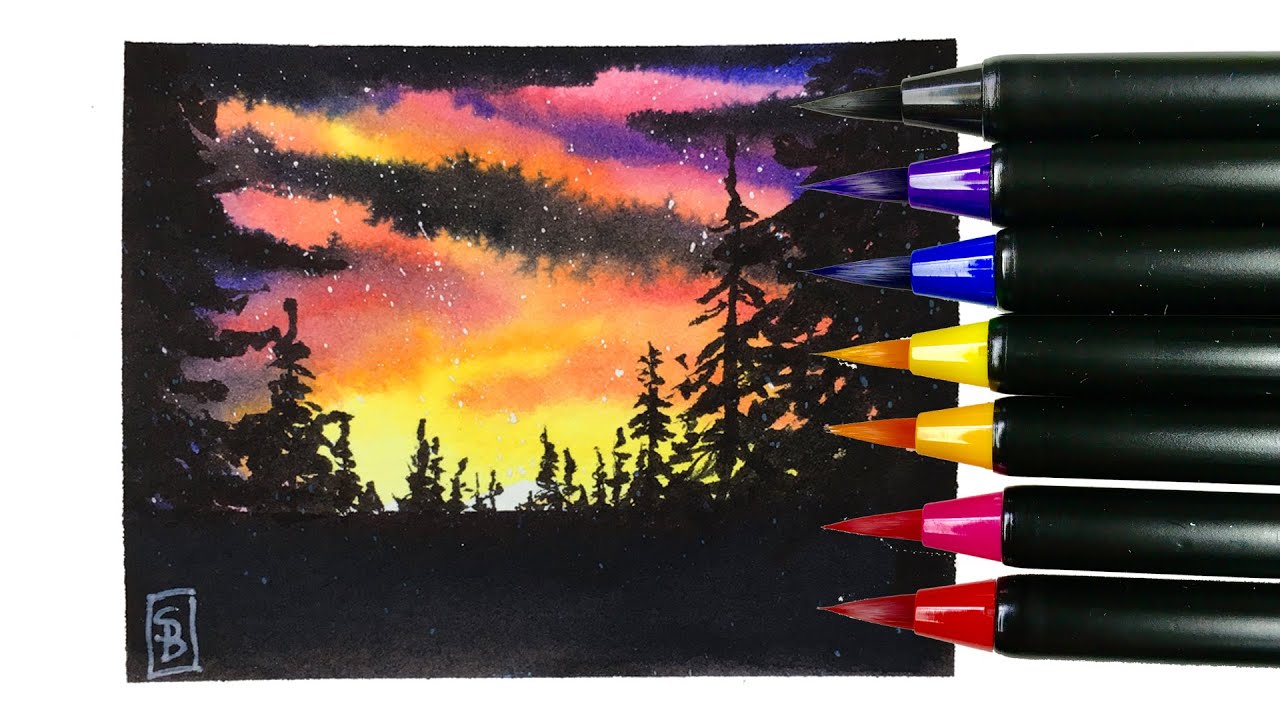 Easy How to Paint Sunset with Clouds with Arteza Real Brush Pens 