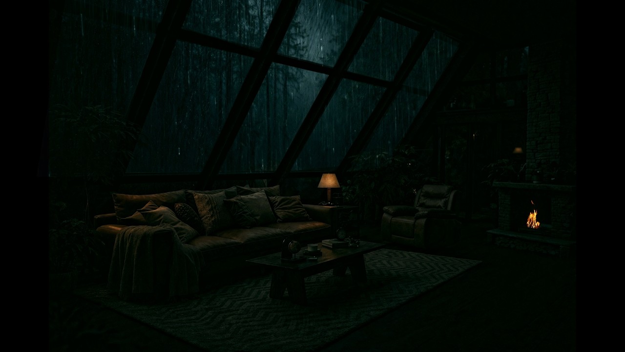 No Ads Heavy Rain Night + Fireplace Crackling 🔥 Cozy Glass Cabin ...