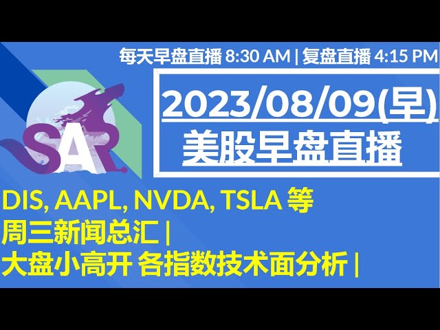 美股直播08/09[早盘] DIS, AAPL, NVDA, TSLA 等周三新闻总汇 | 大盘小高开 各指数技术面分析 |