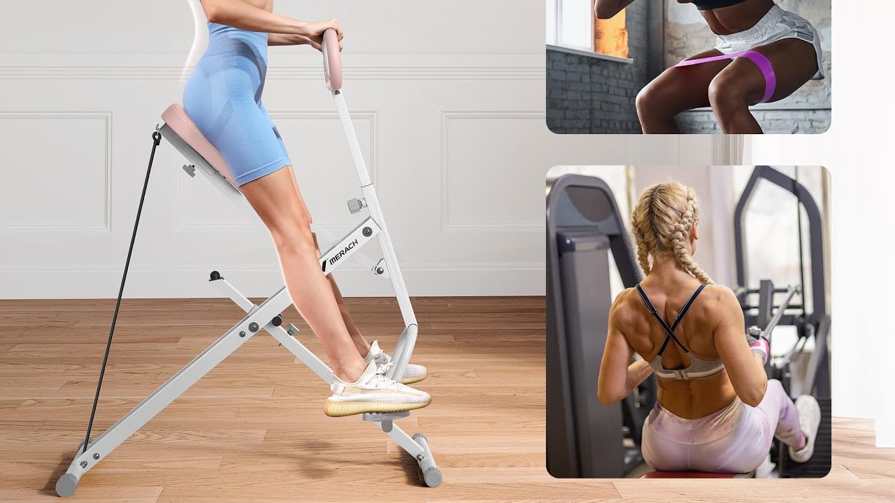 Machine à Squat et Rameur MERACH, Résistance Réglable, 160 kg, Écran LCD, Support de Téléphone, Pour Abdos/Jambes/Dos, Blanc - Sport