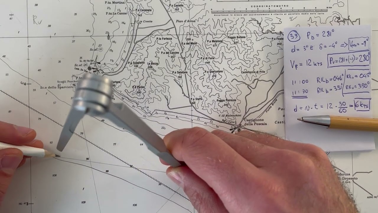 Tema esame patente nautica - 5.2.3-1 n°33 - rilevamento T1 a T2 - carteggio senza limiti (2022)