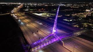 Beautiful Downtown OKC  Scissortail Bridge at night. Drone Video.