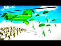 Green army men chinook drop to defeat the tan army men in attack on toys