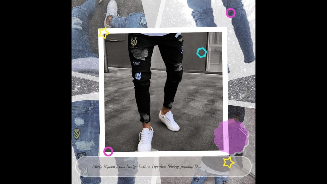 Men's Ripped jeans Badge Letters Hip-hop Skinny Jogging Denim Fashion Pencil Long Trousers Distre...