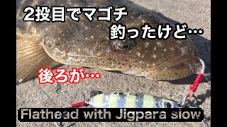 マゴチ釣ったけど後ろが気になり釣りに集中できず…【Light shore jigging】Flathead with Jigpara slow【ジグパラスロー】【スーパーライトショアジギング】