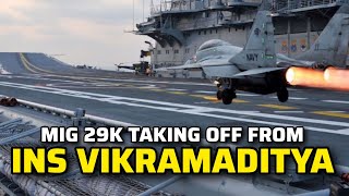MiG-29K fighter jets taking off from Indian Navy's INS Vikramaditya