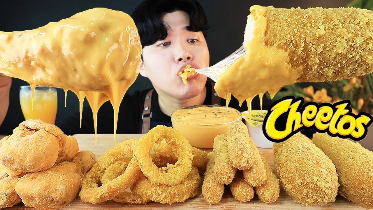 ASMR MUKBANG 치즈 치킨먹방! & 노란 치토스 핫도그 치즈스틱 어니언링 CHEESE CHICKEN &  CHEETOS HOT DOG EATING SOUND! Gà