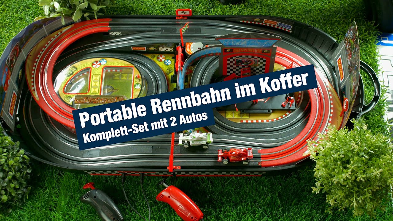 Playtastic Autorennbahn: Portable Rennbahn im Koffer - Komplett-Set mit 2 Autos
