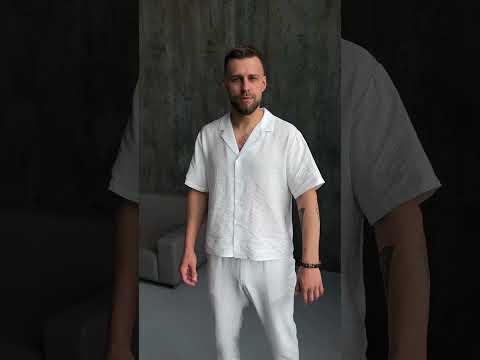 Белый качественный мужской комплект из льна стильный для прогулок отдыха, большие размеры легкий для жаркой погоды, видео 1