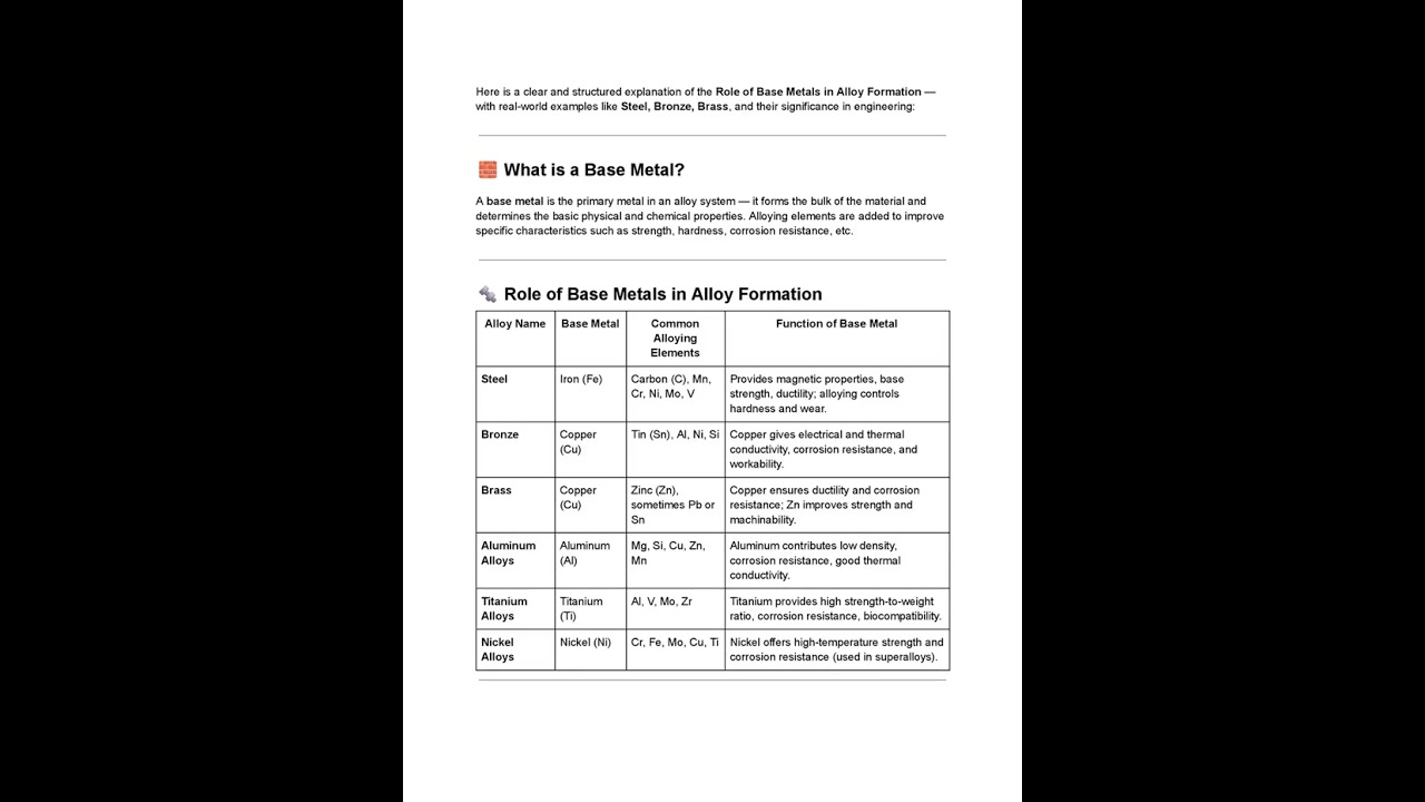 20 - Role of base metals in alloy formation e g , steel, bronze, brass