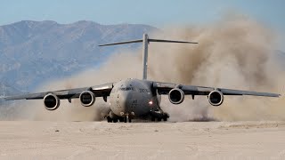 Gigantic US C-17 Lands on Extremely Dusty Runway Strip