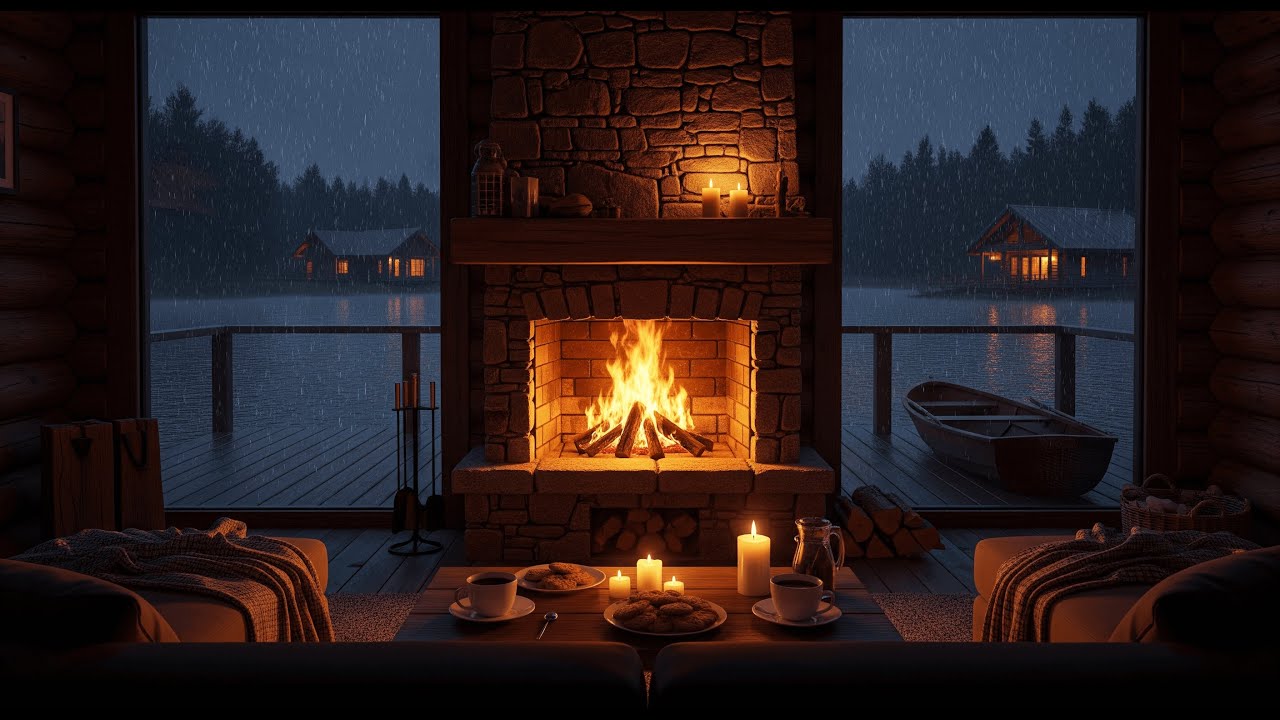 Peaceful Rainy Night in a Warm Cabin | Fireplace Sounds for Sleep ...