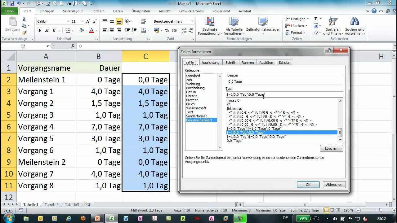 Update Excel - Benutzerdefiniertes Zahlenformat - Einheiten Tag bzw. Tage
