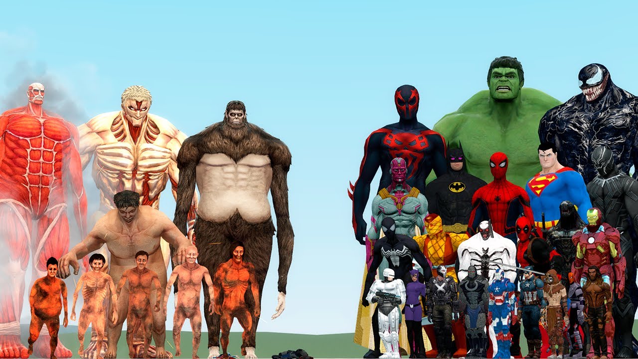 ATTACK ON TITAN VS MARVEL HULK, VENOM, BATMAN AND IRON MAN (Garry's Mod)