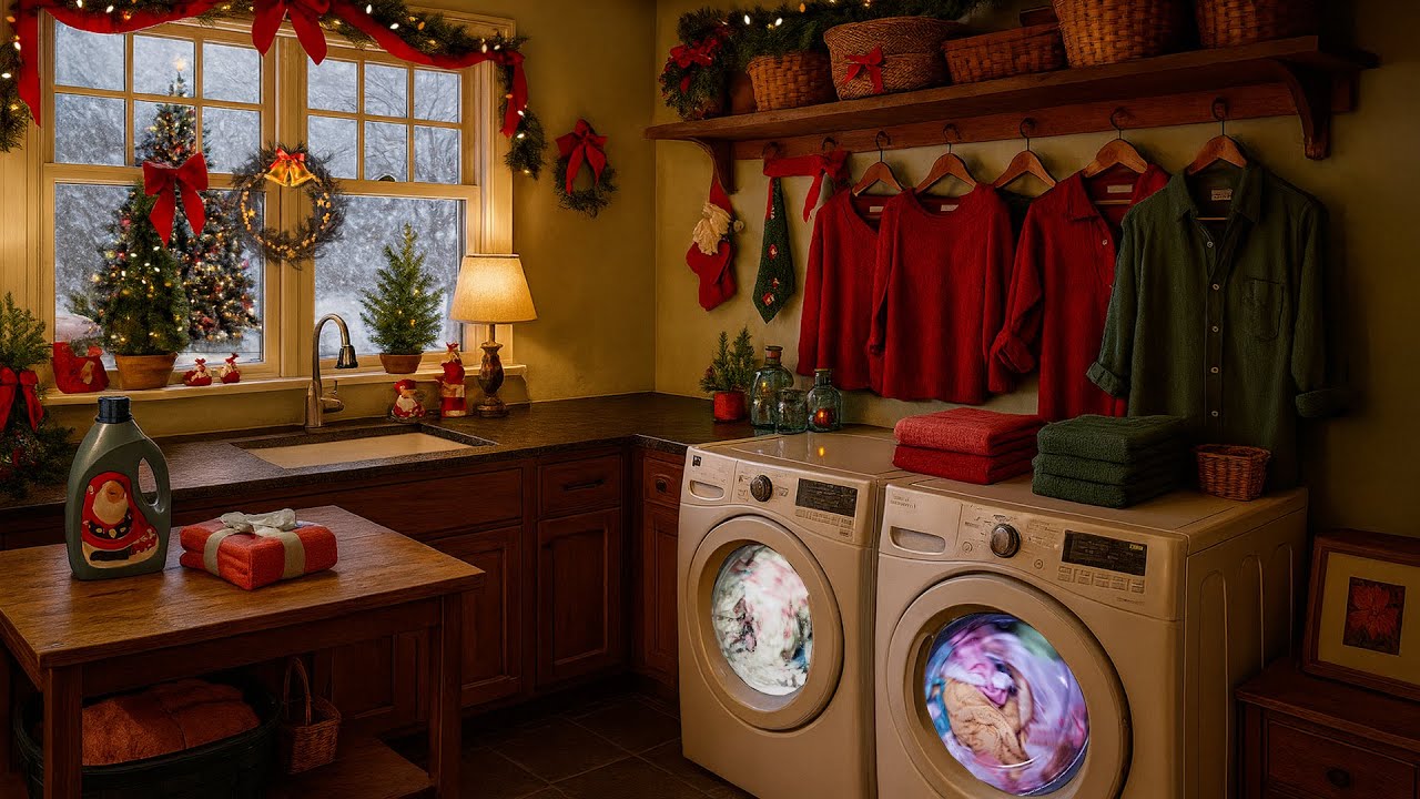 Christmas Laundry Room Ambience | Warm Holiday Home Vibes & Gentle ...