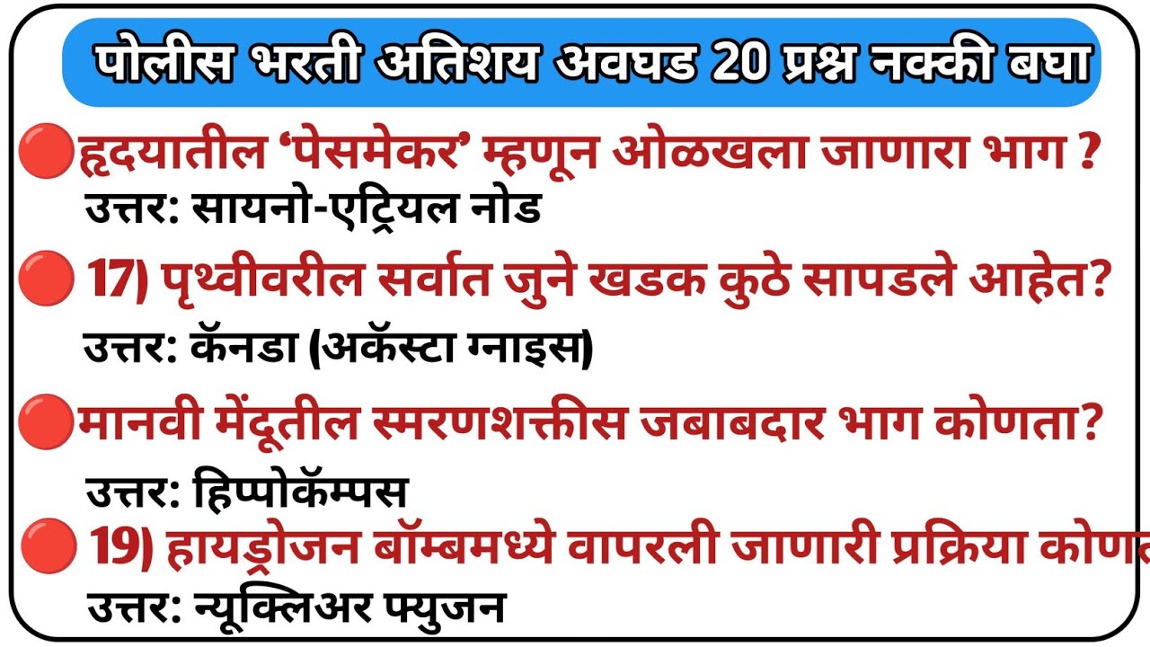 | Marathi Gk | जनरल नॉलेज प्रश्न उत्तरे | Marathi General Knowledge | Police Bharti Gk | Current Gk 