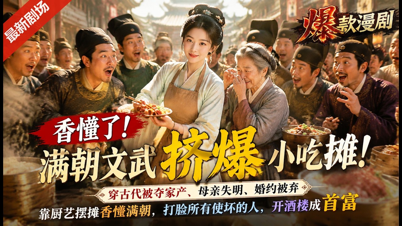 🔥最新漫剧《香懵了!满朝文武挤爆小吃摊!》 穿古代被夺家产、母亲失明、婚约被弃，靠厨艺摆摊香懵满朝，打脸所有使坏的人，开酒楼成首富。#ai漫劇 #最新剧场 zuixin #逆袭 #打脸