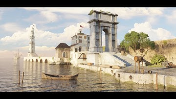The port of Ancona (Italy) with the Arch fo Trajan in the Middle Ages - 3D animation