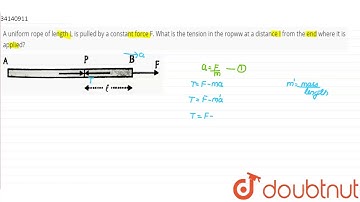 A uniform rope of length L is pulled by a constant force F. What is the tension in the ropww at a