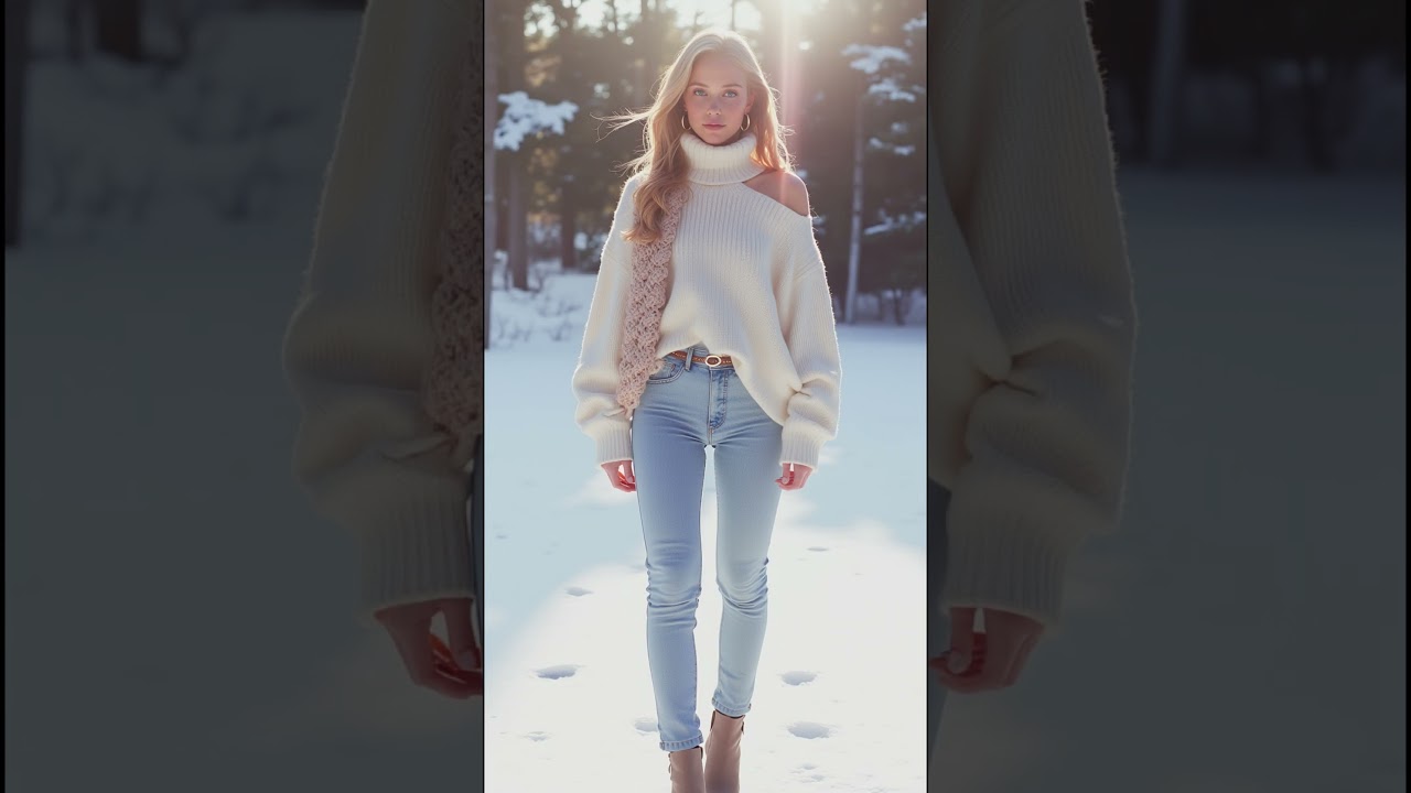 Cream oversized knit sweater with an off shoulder design & light-wash skinny jeans