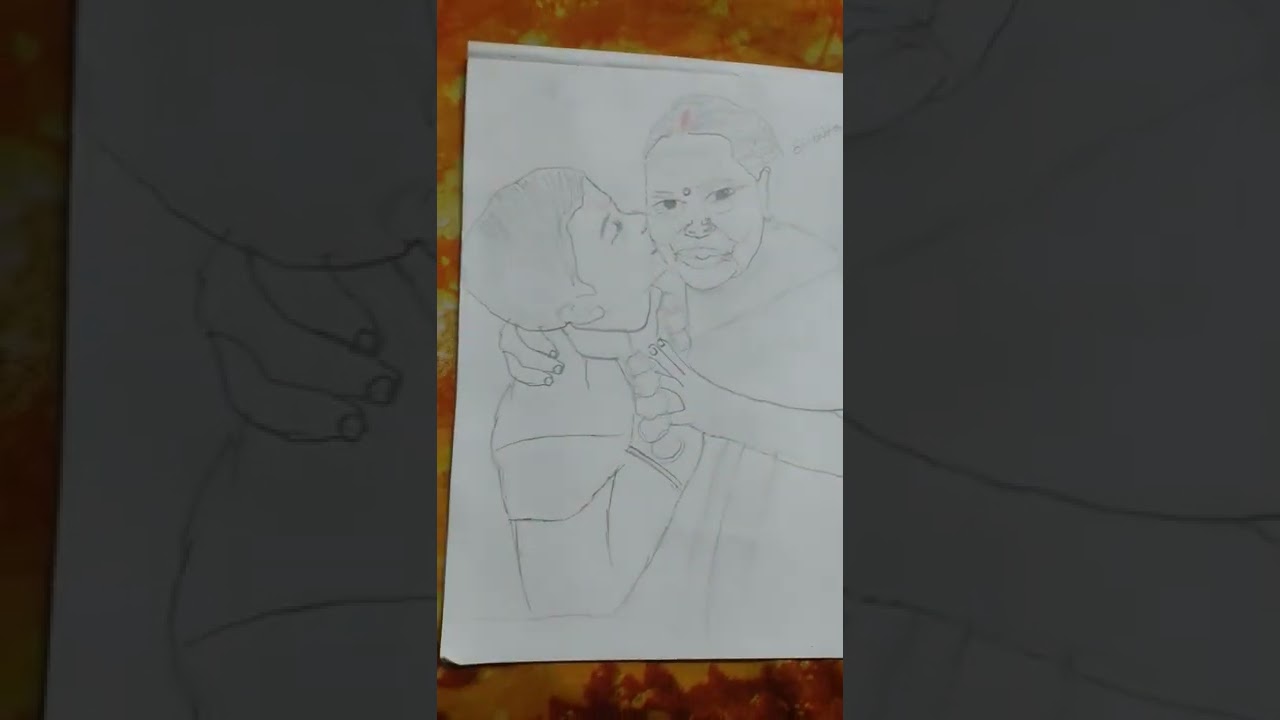 How to draw a grandson kissing her grandmother......