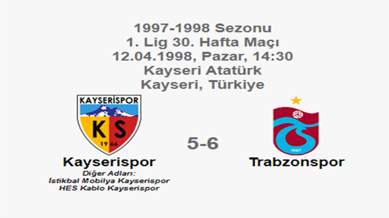 1997-1998 Süper Lig KAYSERİSPOR - TRABZONSPOR 5-6 Maç Özeti