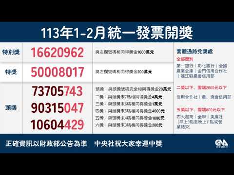 統一發票113年1-2月中獎號碼