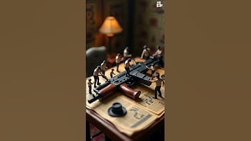 construction workers assembling a giant Thompson submachine gun.