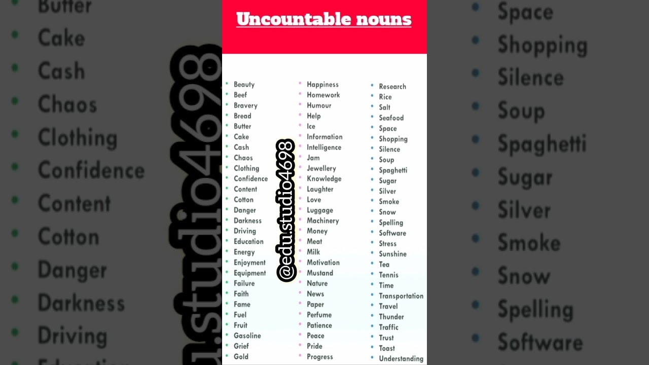 Uncountable nouns | uncountable noun chart | Nouns trick