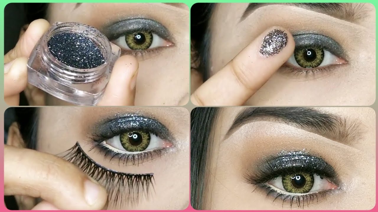 Grey Glittery Eye Makeup Tutorial ,Finger ki Help se Glitter kaise