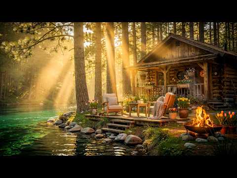 Peaceful Evening at the Riverside Cabin Porch | Relaxing Campfire & Nature Sounds