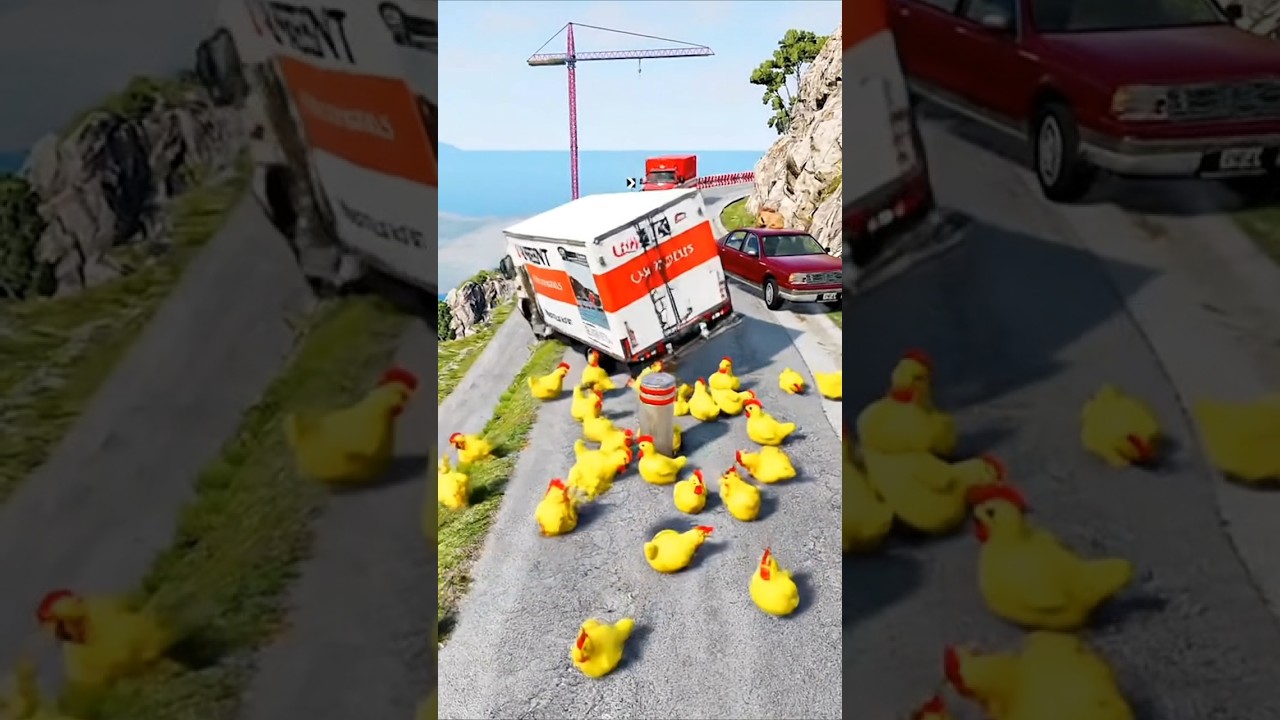 Giant Roller vs. Cars: Epic Cliff Road Crashes in BeamNG.drive