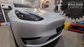 Tesla Model Y Matte silver metallic vinyl wrap VLOG + mods = SUPER clean final result!