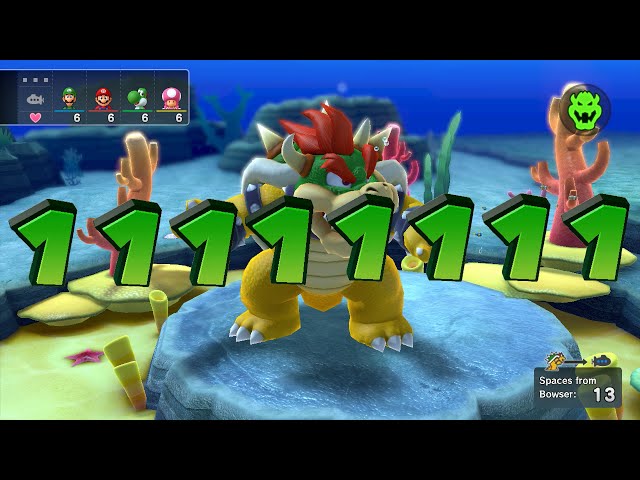 Mario Party 10 (Whimsical Waters) #94 Bowser vs Waluigi - Toad - Peach -  Toadette (player 1) 