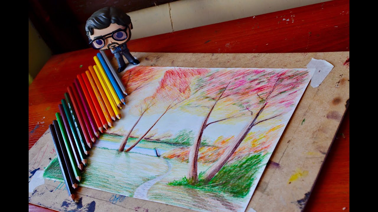 Paisaje natural - colores, luz y sombra - tecnica de lapiz de color