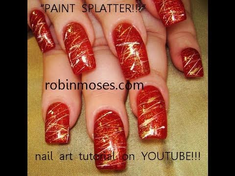 Red and Gold Splatter Paint Nail Art Technique Design Tutorial - YouTube