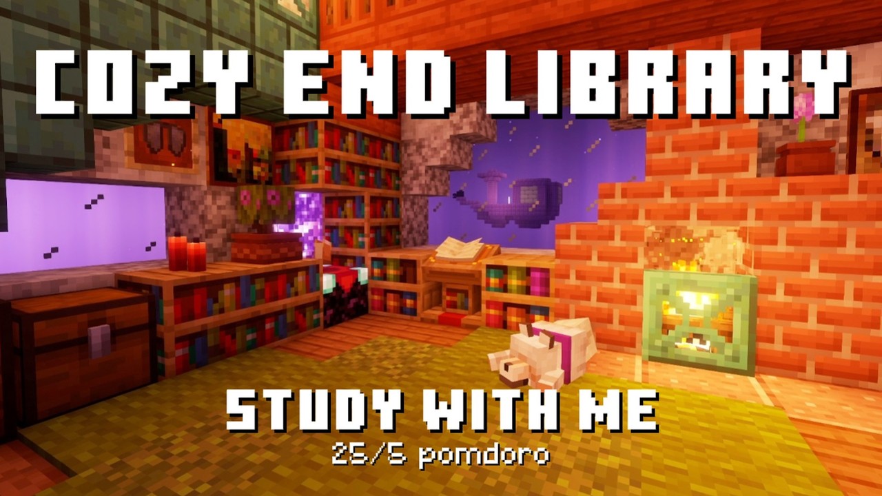 Study with Me in Minecraft | Cozy End Library | 25/5 Pomodoro Timer ...