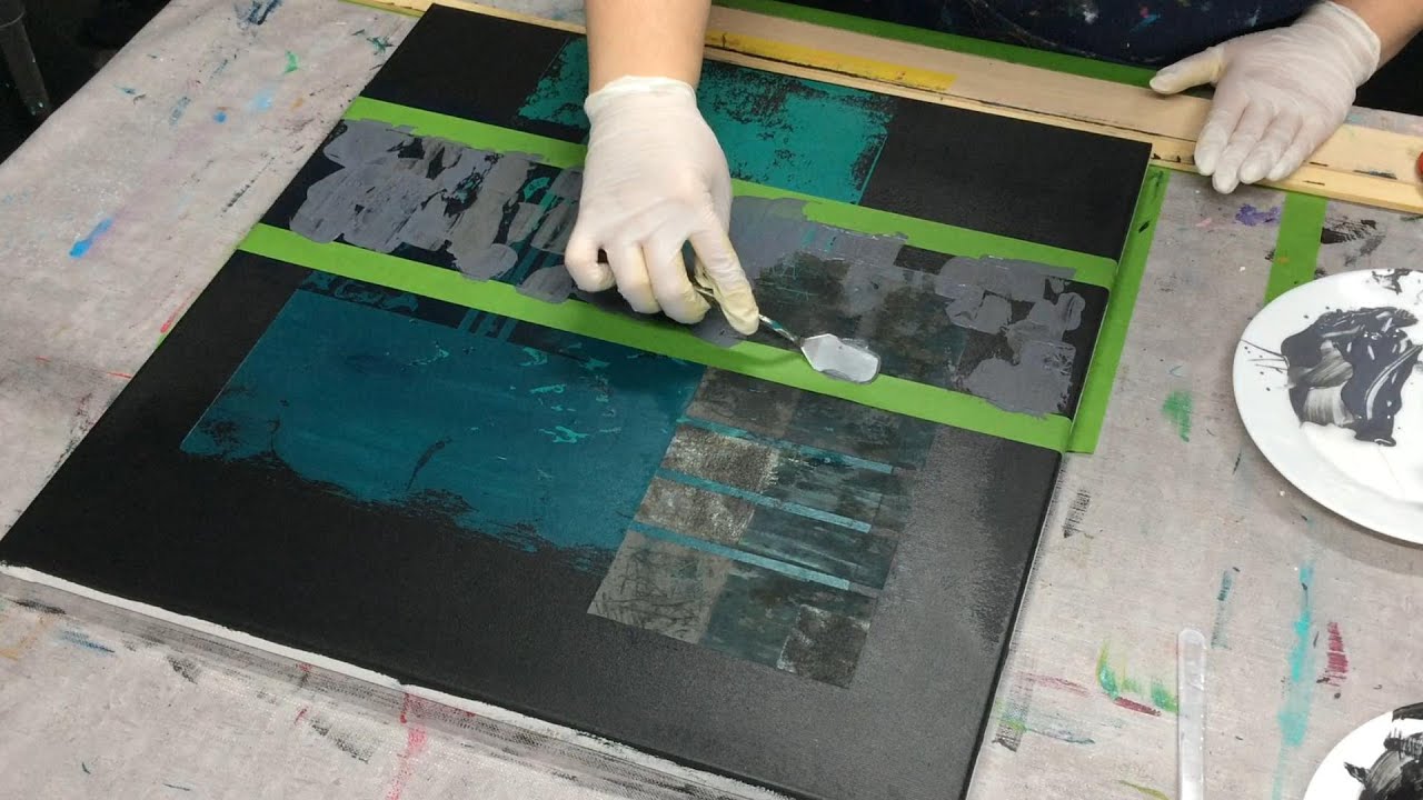 abstrakte Acrylmalerei | Rakeltechnik, schwarze Spachtelmasse, Eisenspäne, Oxidation und Rost