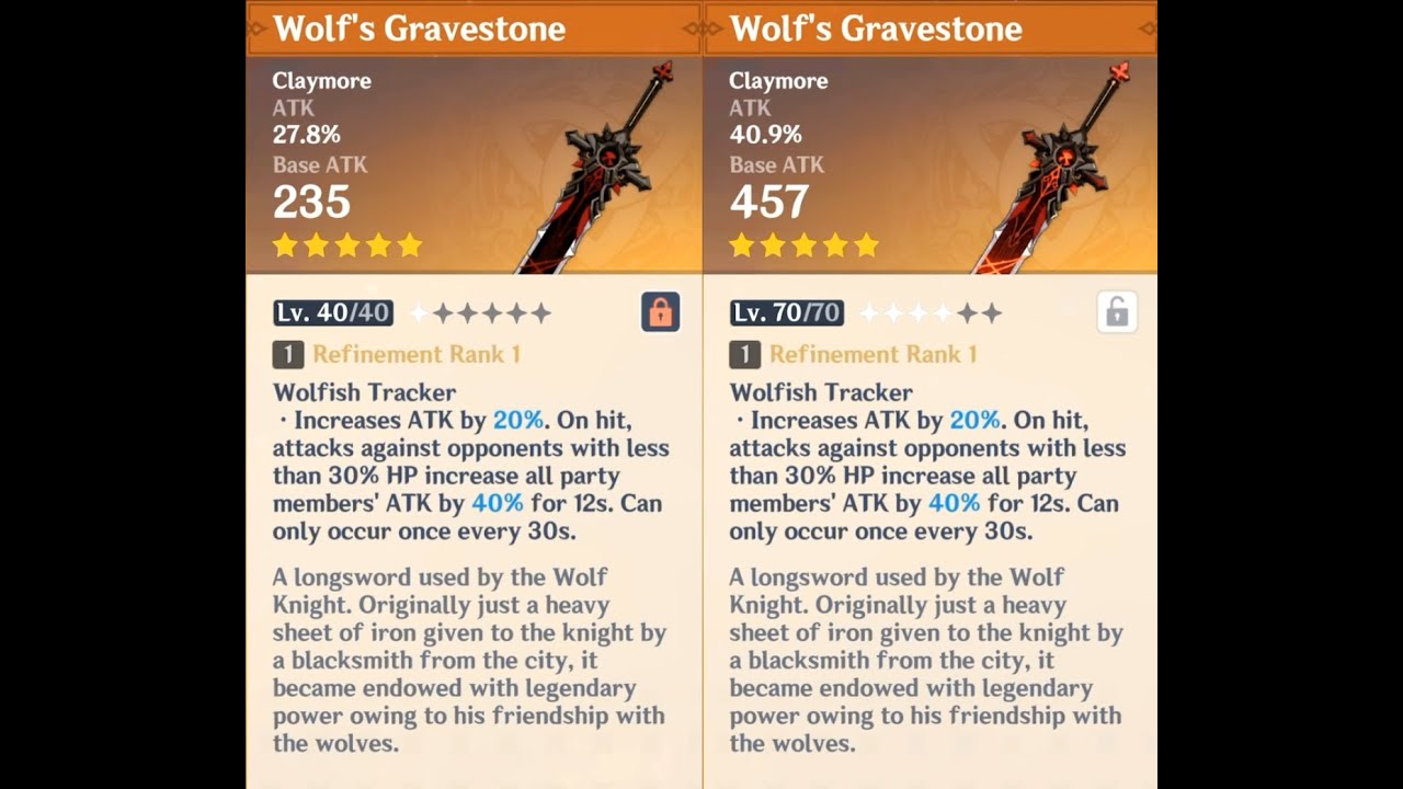Wolf's Gravestone weapon appearance base vs. ascended in Genshin Impact