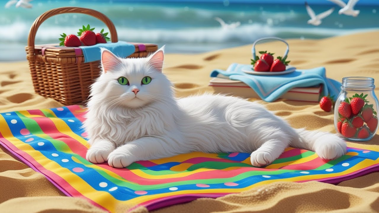 a kitten is on an adventure to the beach.