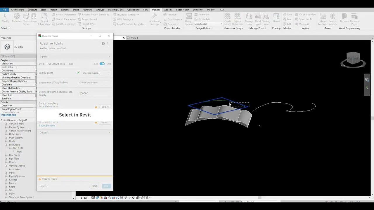 [Dynamo] Revit Example 14  ~ PLACING FAMILY TYPES BY POINT USING DWG/REVIT LINES IN MODEL SURFACE.