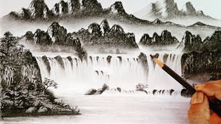 Waterfall mountains landscape scenery drawing by pencil//  Pencil drawing nature scenery//