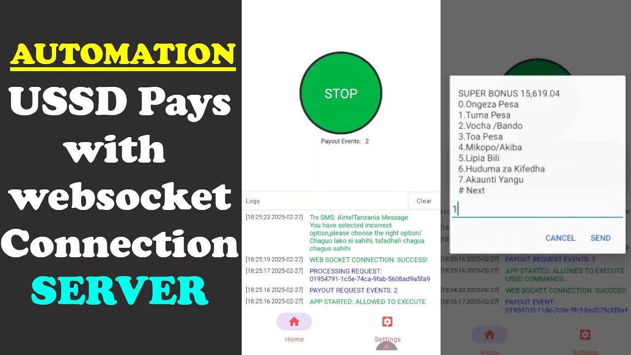 instant websocket connection server to run  ussd code requests non stop. automator app part2.