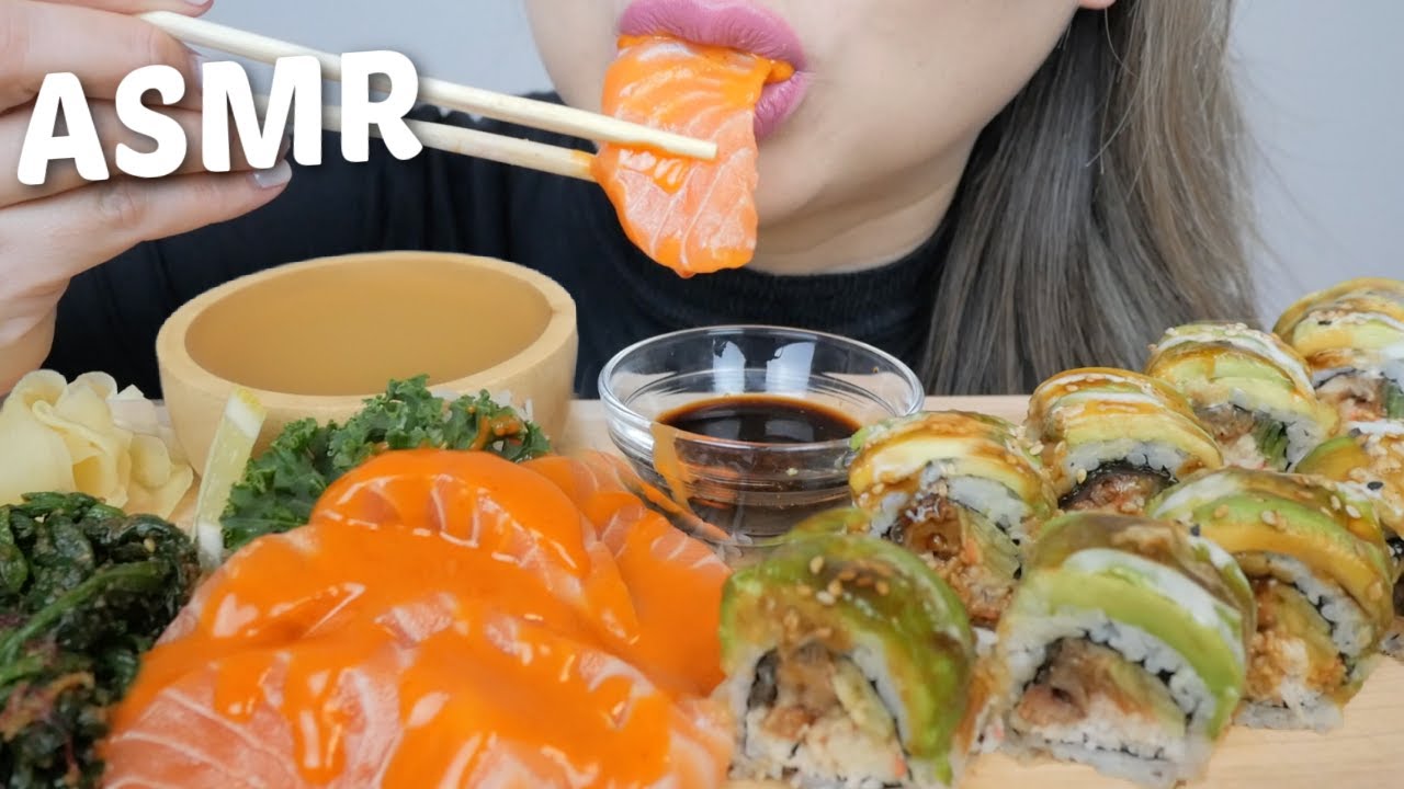 SUSHI ASMR *Spicy Mayo Salmon Sashimi with Green Caterpillar Roll *No Talking Food Sounds | N.E