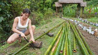 Girl alone working hard on the farm - Build bamboo walls to grow vegetables and flowers
